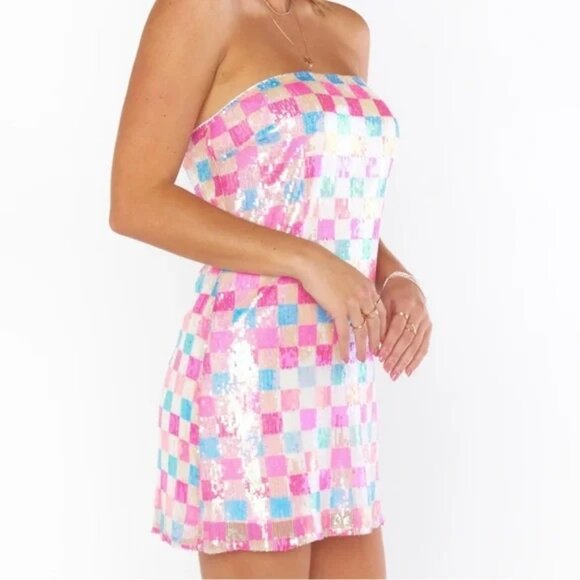 Show Me Your Mumu | Women’s “On My Way” Checkered Sequin Mini Dress | Size L - Picture 1 of 3